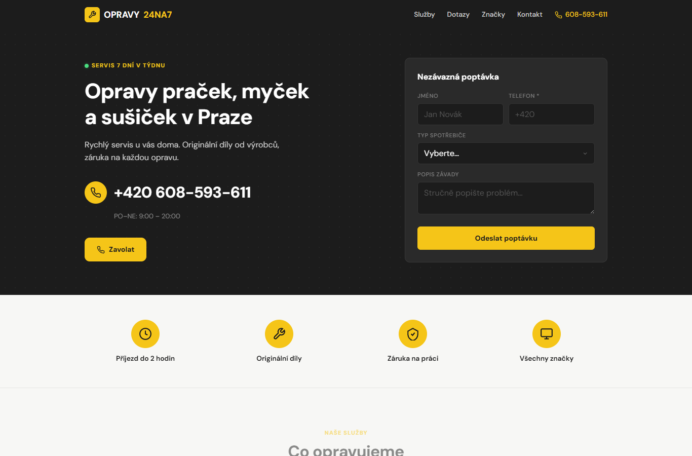 Webové stránky Opravy 24na7 — servis praček a myček v Praze