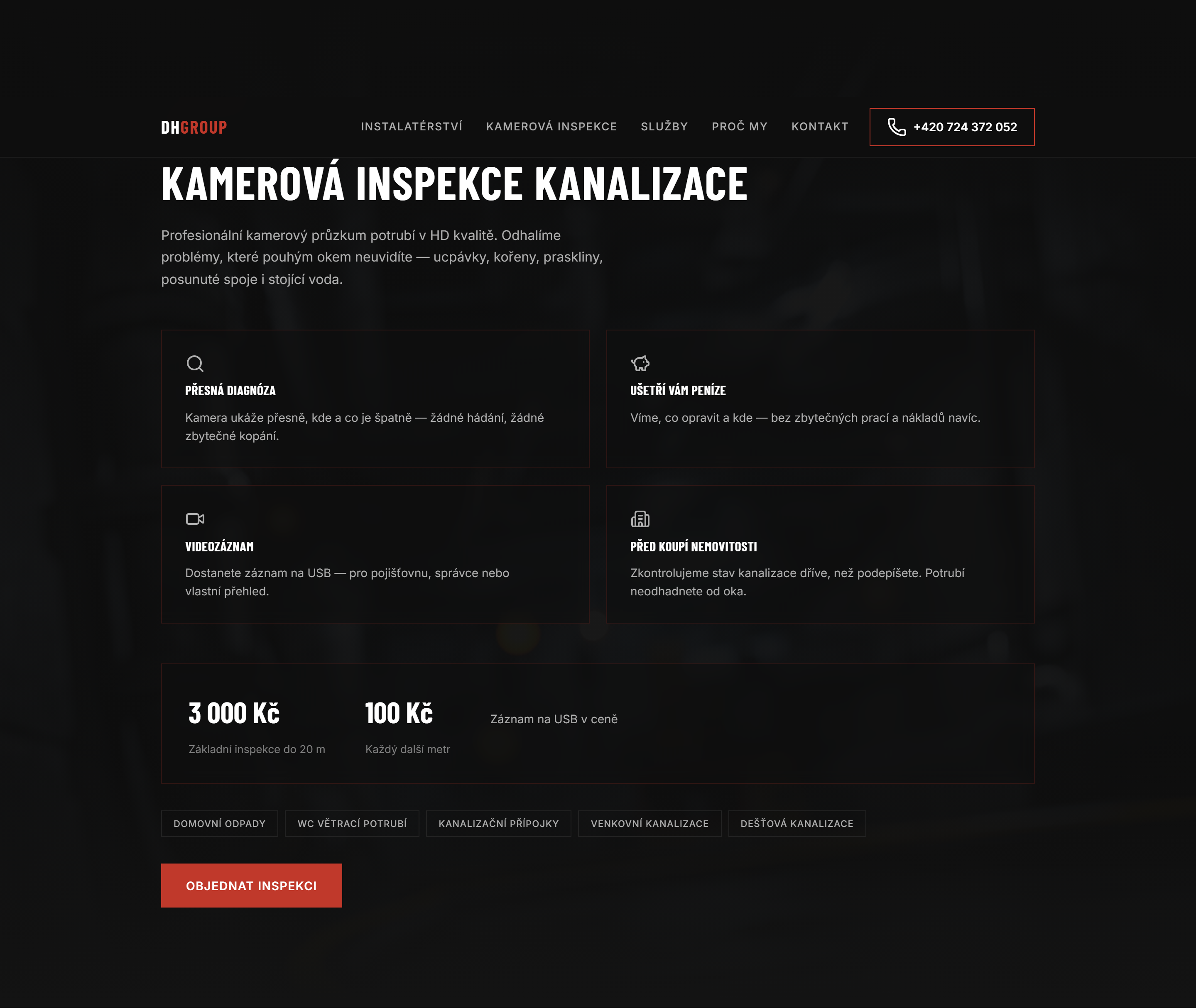 Nový web — sekce Kamerová inspekce kanalizace